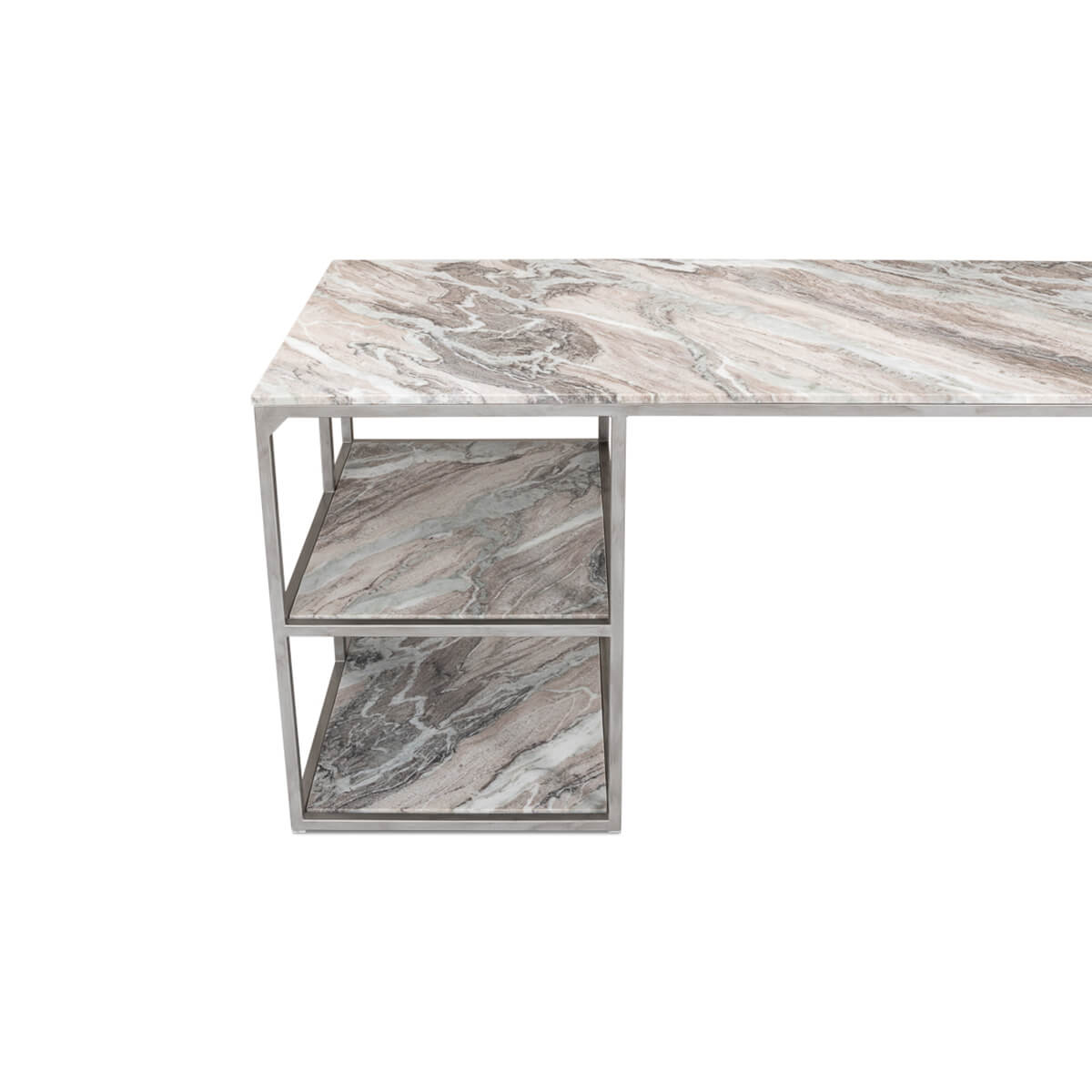 Overhead view of shelves on marble top desk.