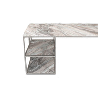 Overhead view of shelves on marble top desk.