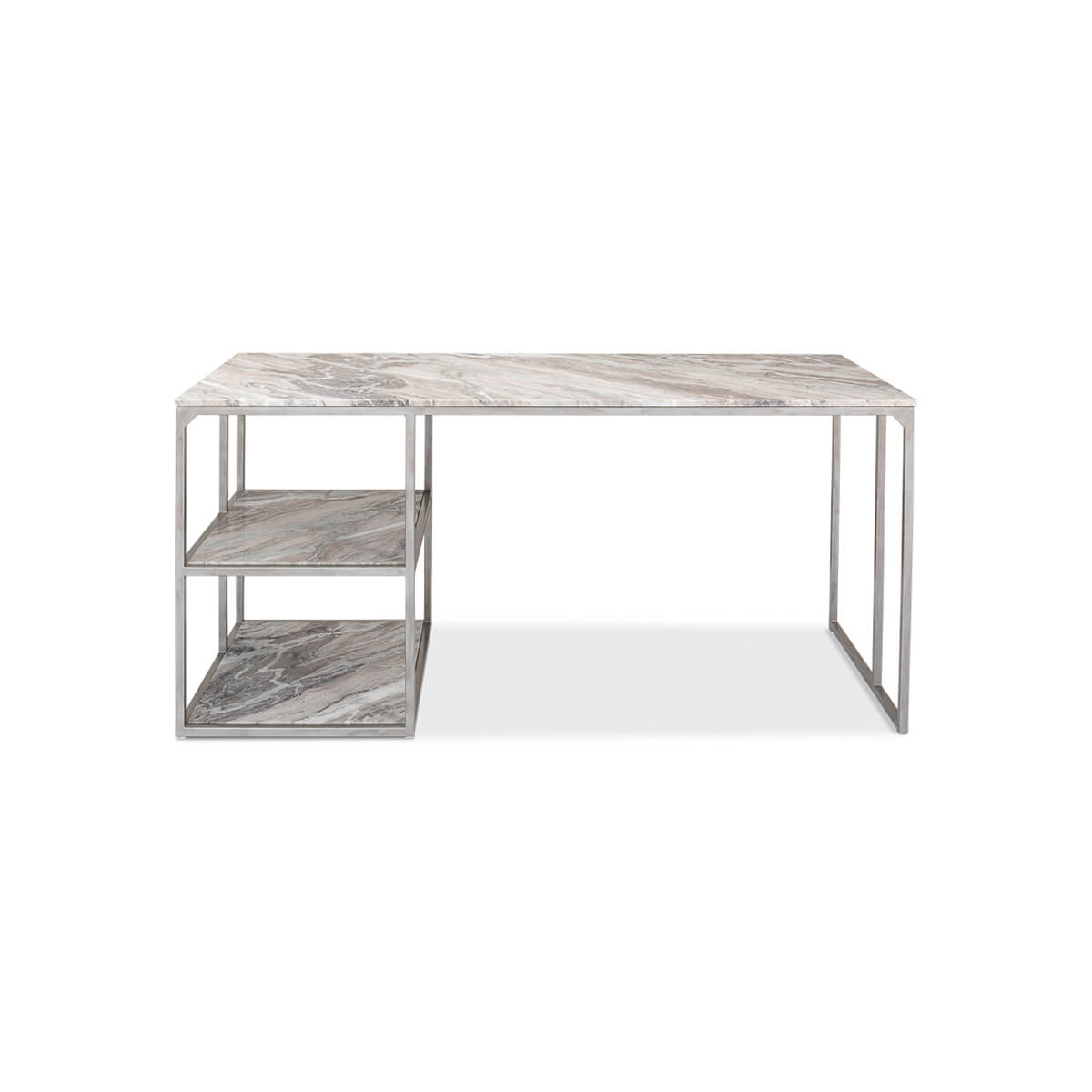 Straight view of desk emphasizing marble and metal materials.