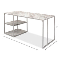 Dimensions and design of marble top desk with shelves.