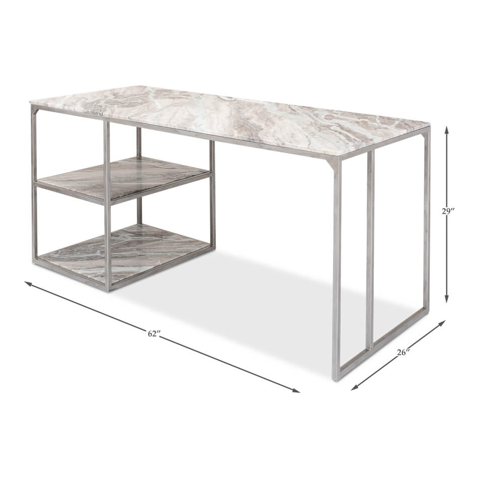 Dimensions and design of marble top desk with shelves.