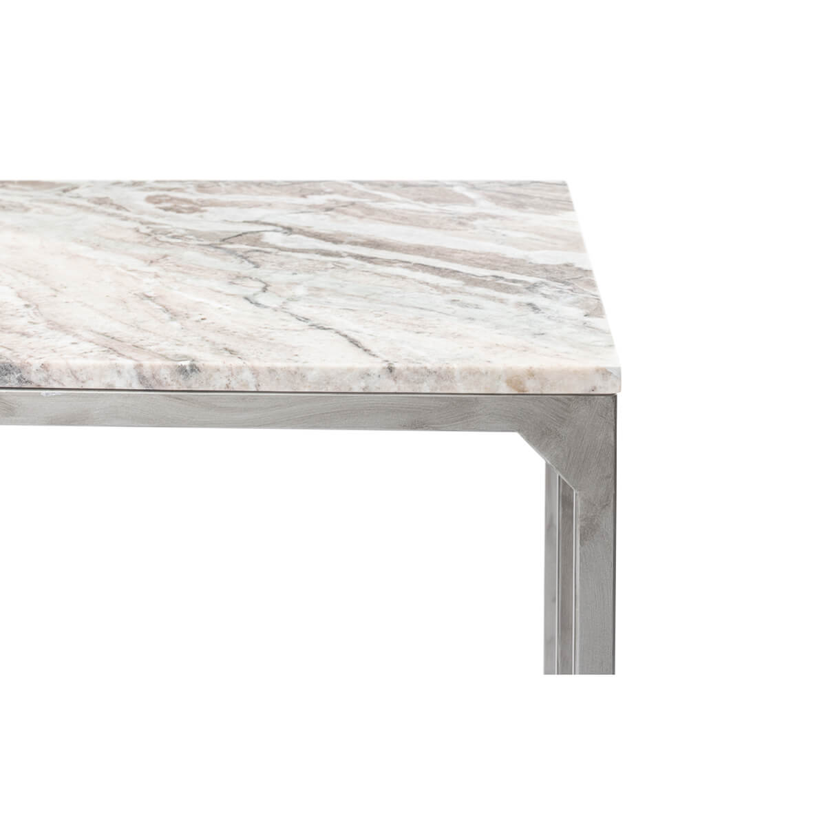 Detail of marble top and sleek metal frame.