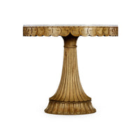 Side view of marble top oak center table detailing.