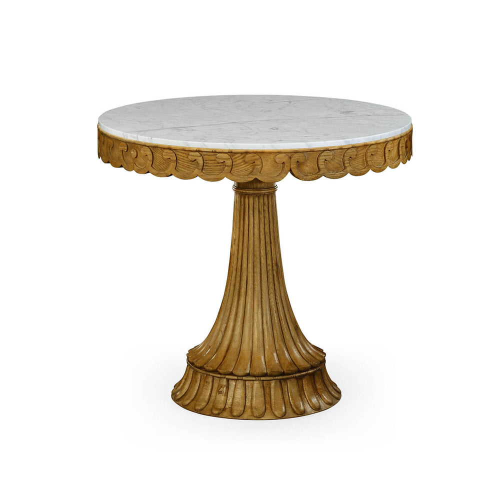 Round marble top oak center table on decorative base.