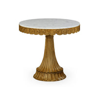 Round marble top oak center table on decorative base.