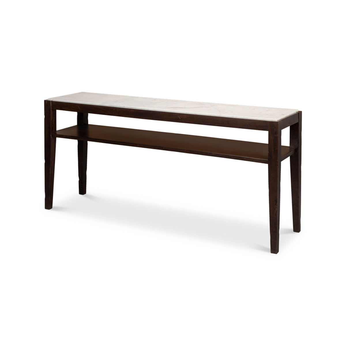 Marble top console table angled view with shelf.
