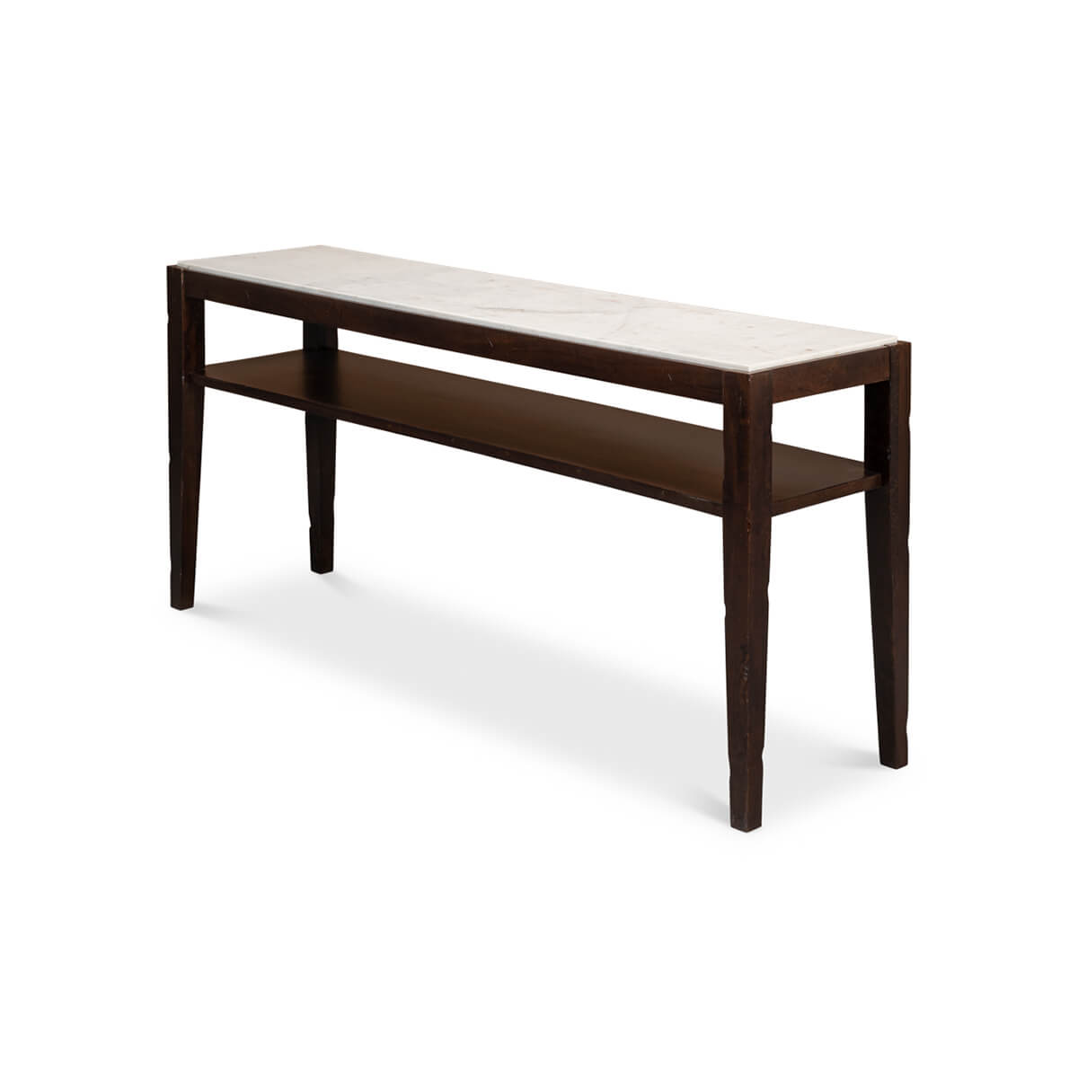 Side angle of marble top console table with shelf.