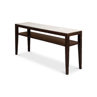 Side angle of marble top console table with shelf.