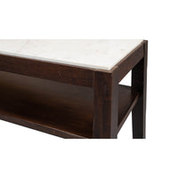 Corner detail of marble top console table with shelf.