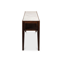Side view of narrow marble top console table.