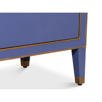Leg and trim detail on blue modern nightstand.