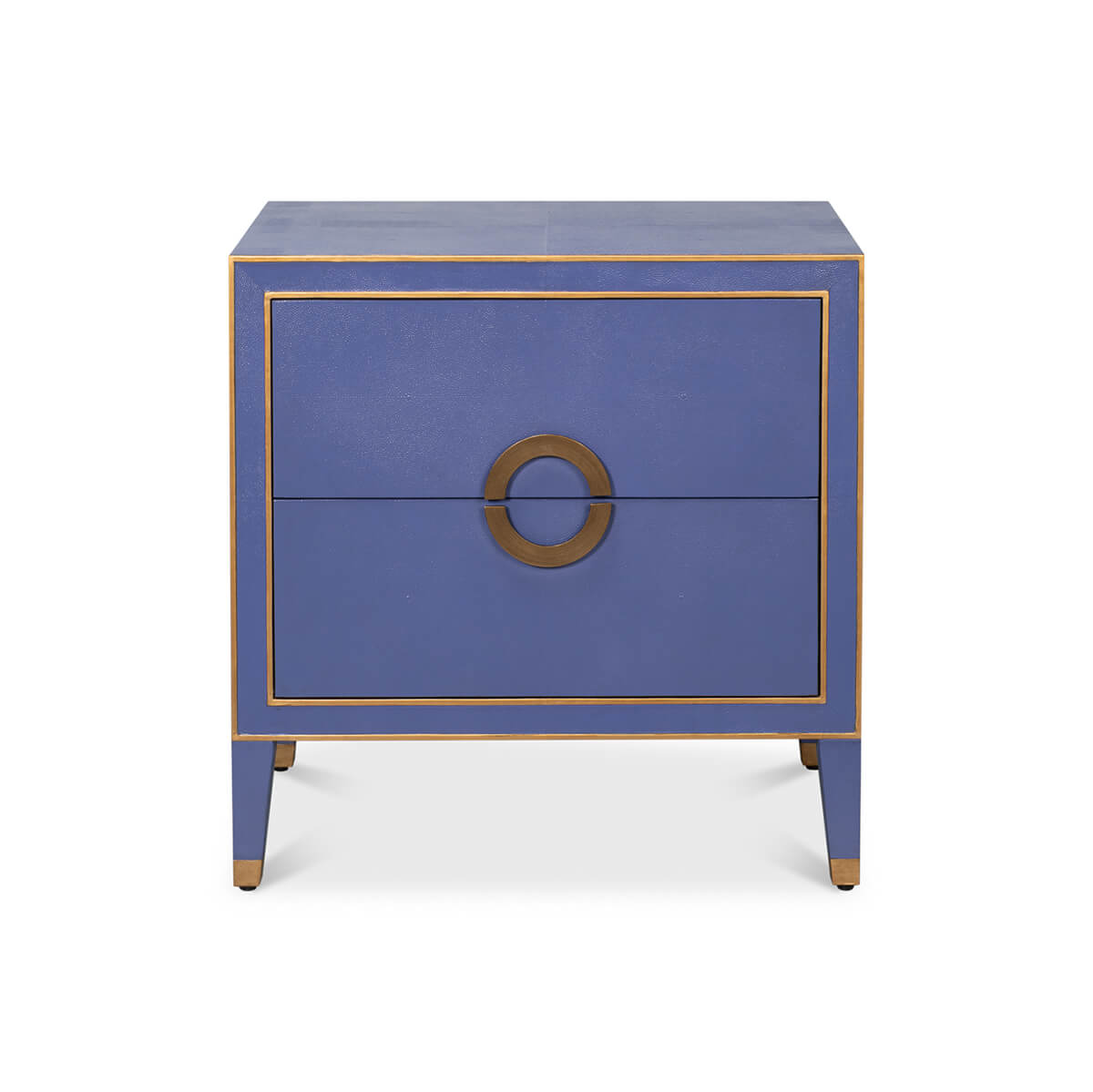 Front view of blue modern nightstand with gold trim.
