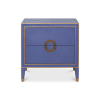 Front view of blue modern nightstand with gold trim.