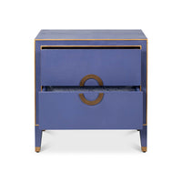Blue nightstand with open drawer and ornate design.