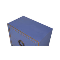 Top view of blue modern nightstand with gold edges.