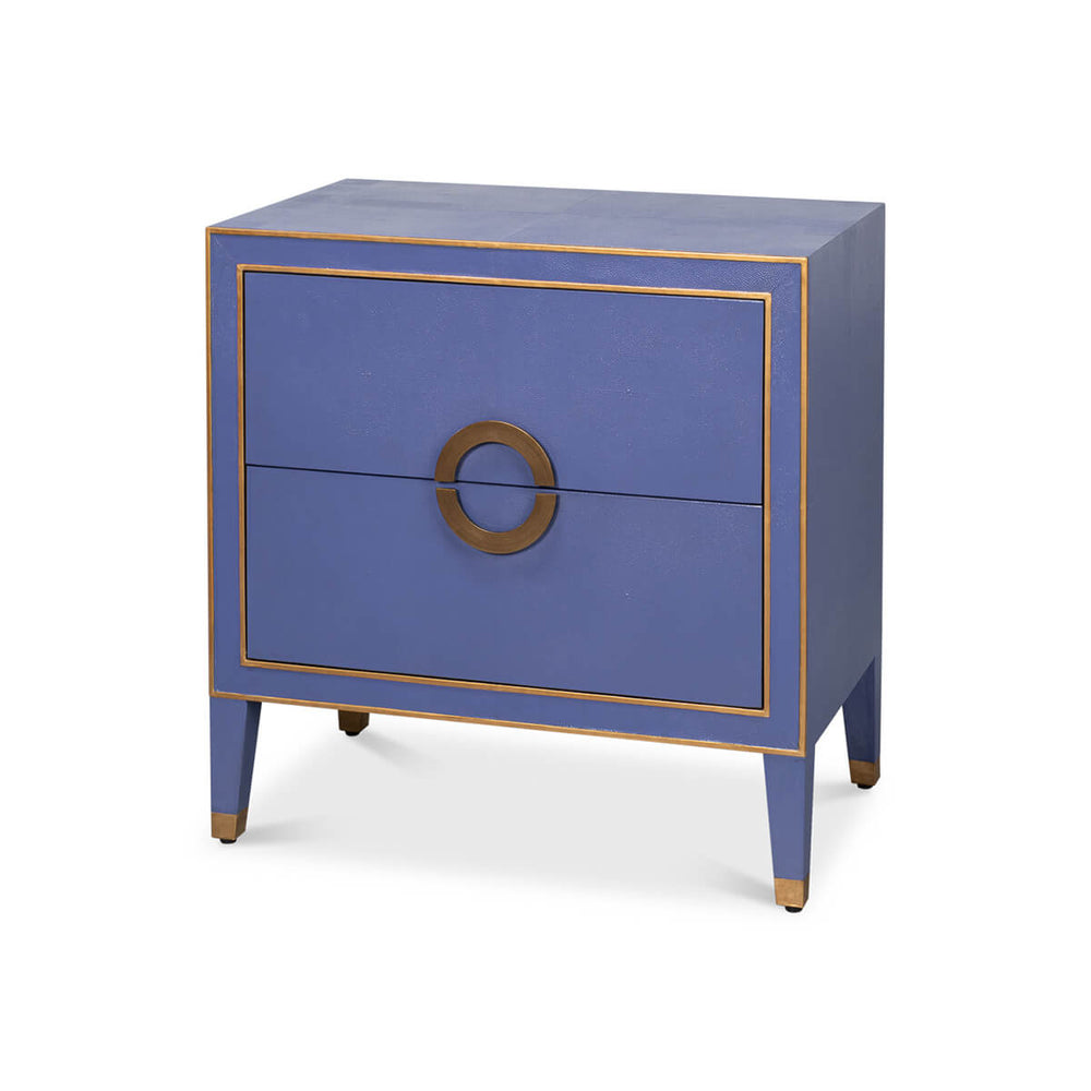 Blue modern nightstand angled view with gold accents.