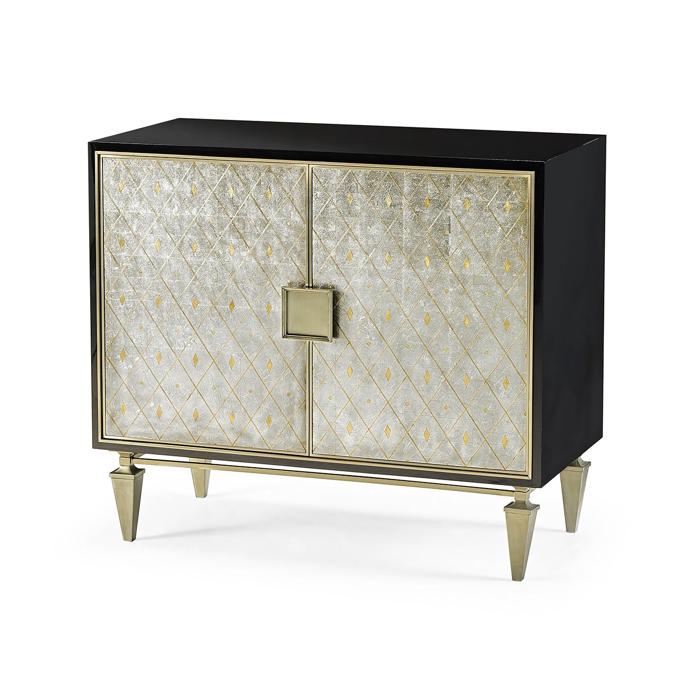 Mid Century accent cabinet with silver gilded doors.