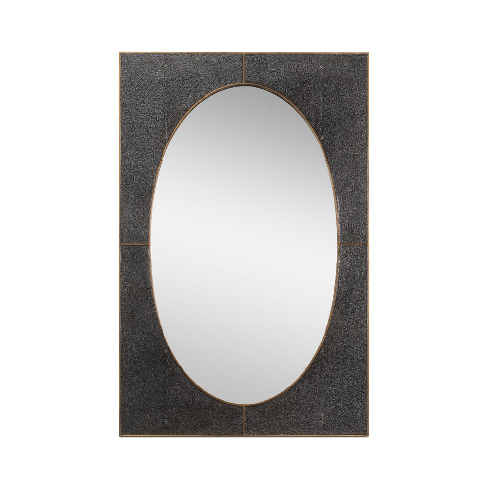 Black oval mirror with antique grey leather frame.
