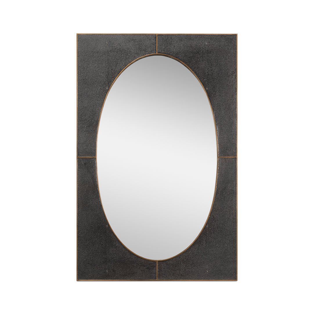 Black oval mirror with antique grey leather frame.