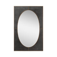 Black oval mirror with antique grey leather frame.