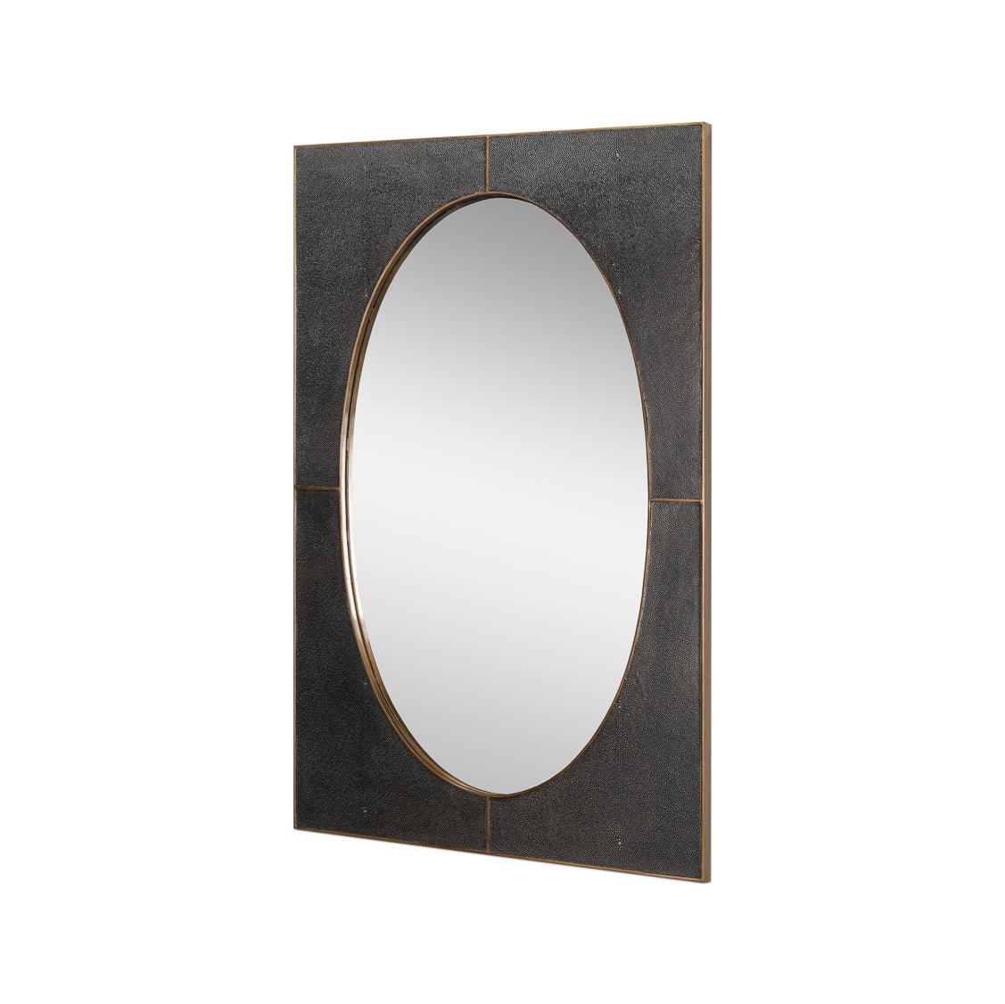 Side angle of mid-century mirror with oval design.