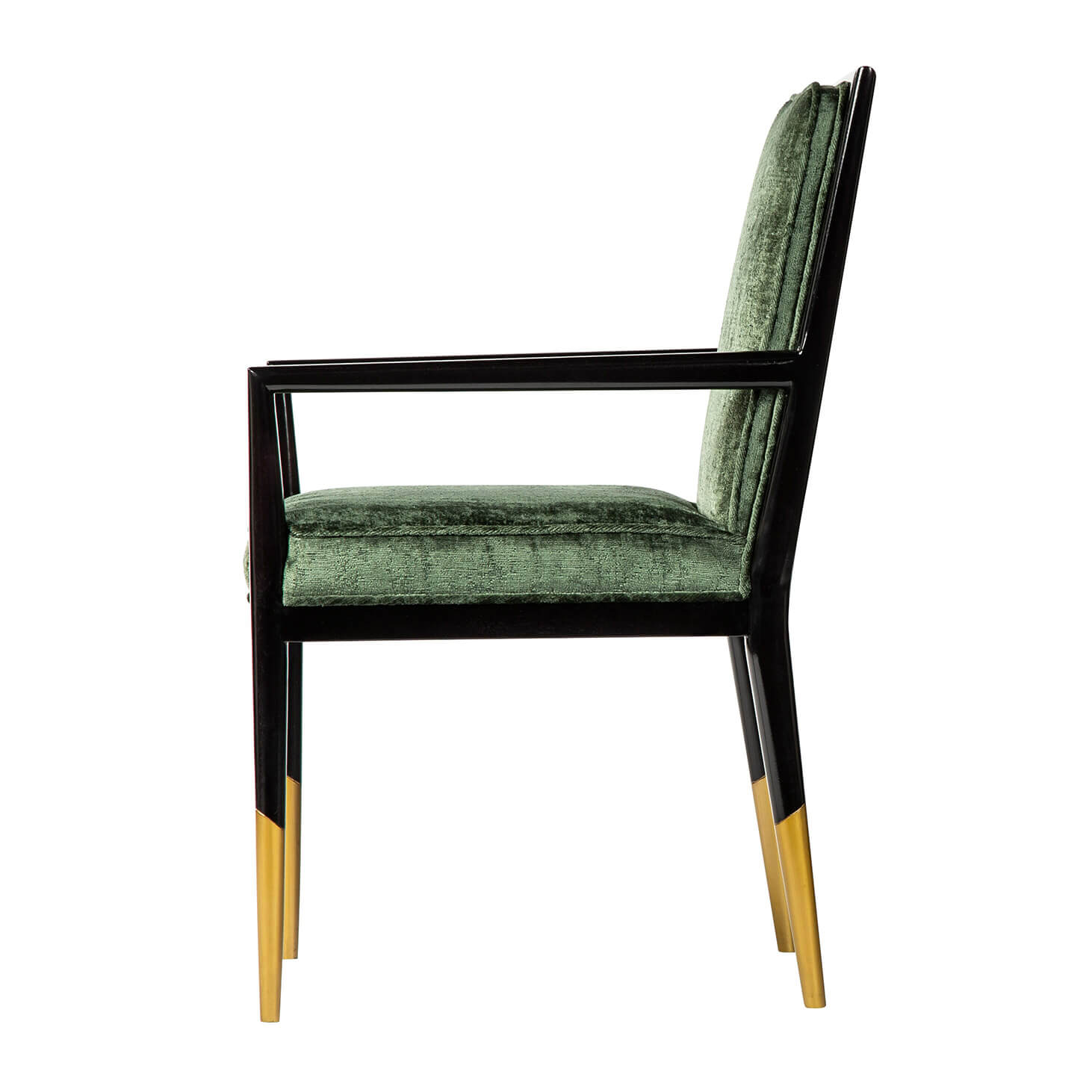 Green mid-century dining armchair, side profile view.