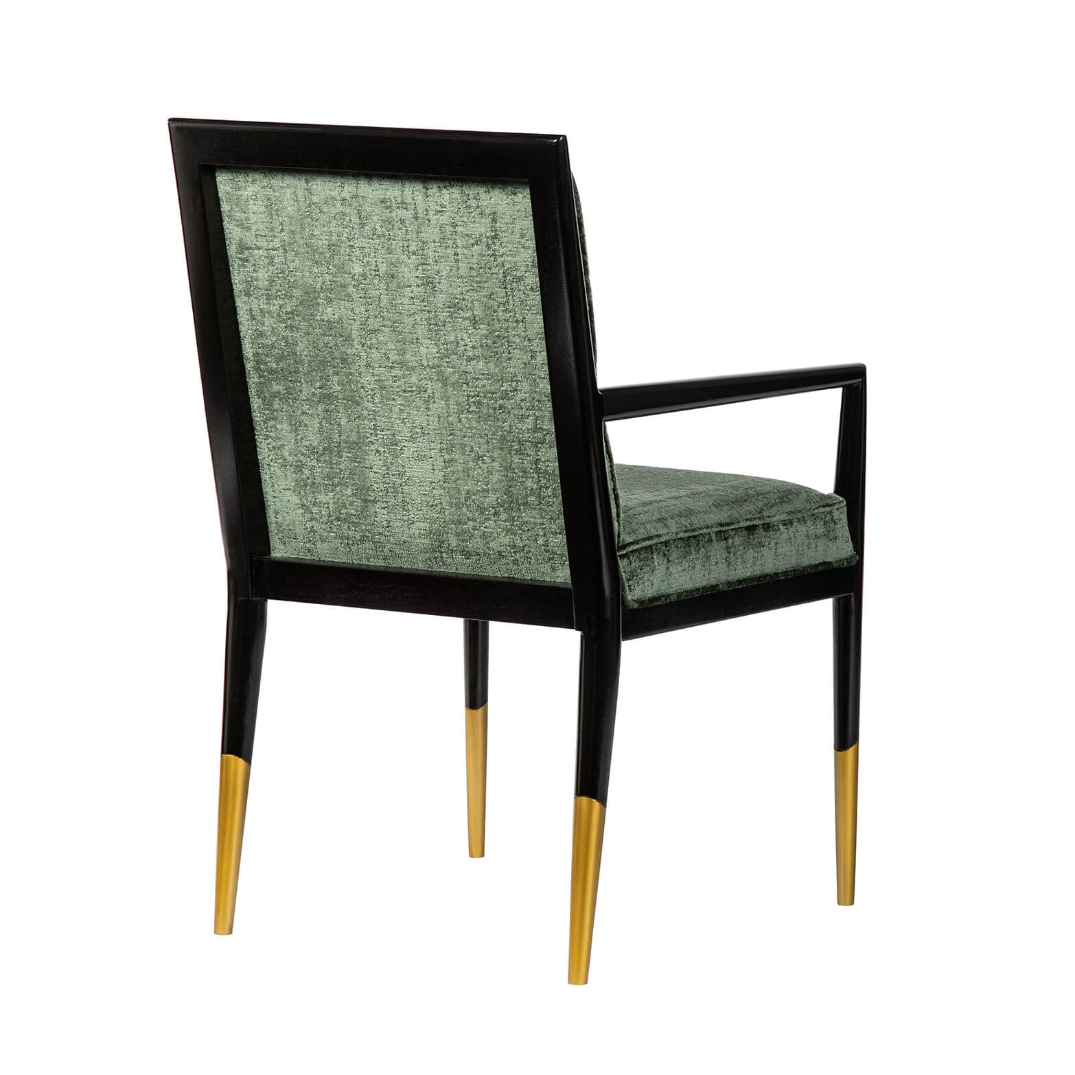 Green mid-century dining armchair, back angle view.