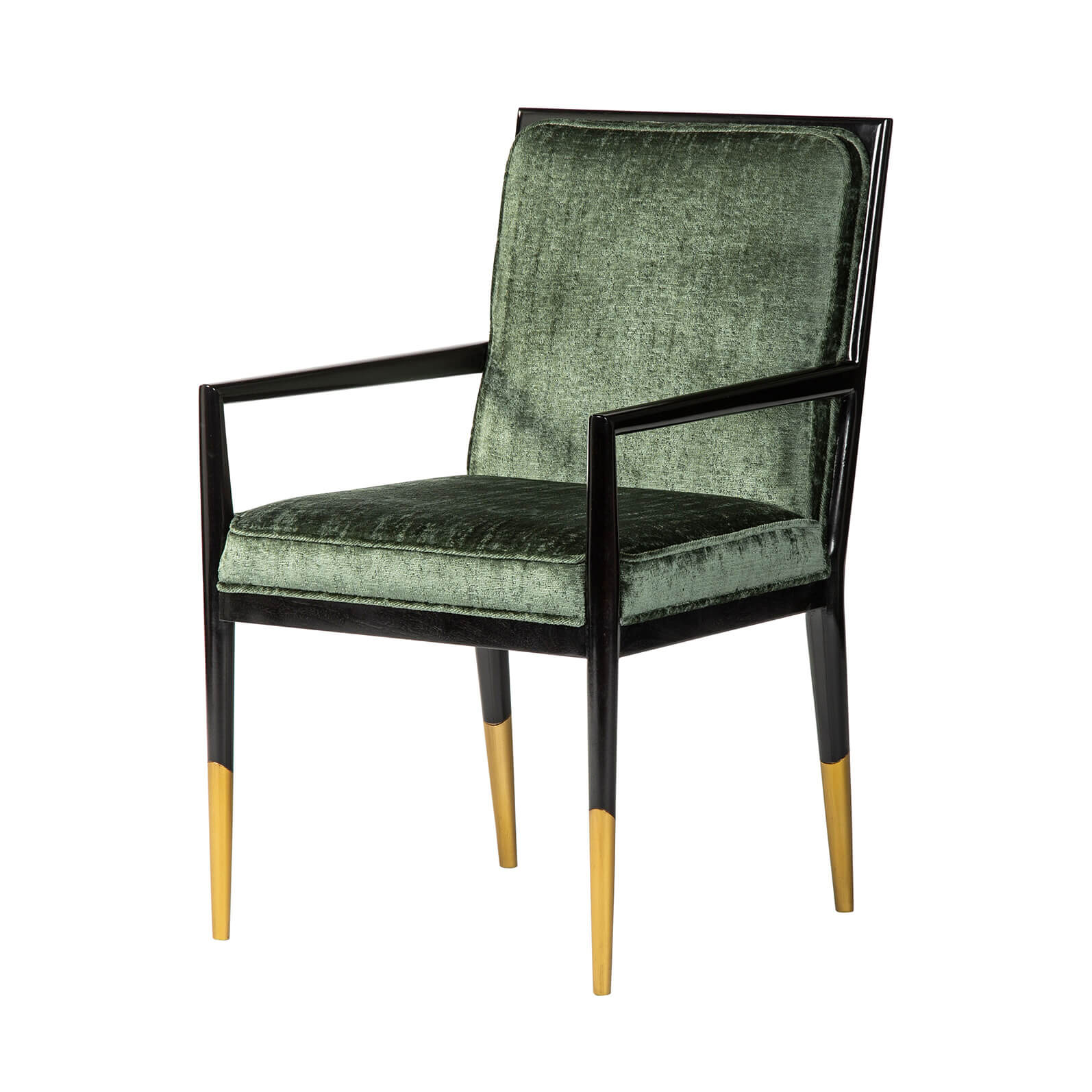 Green mid-century dining armchair, front angle view.