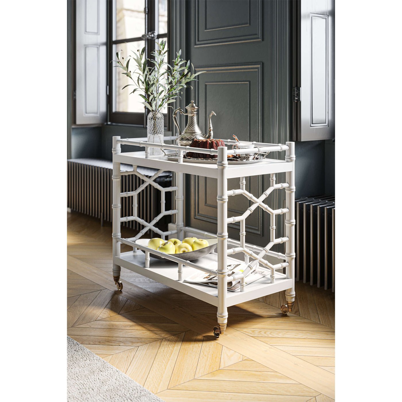 Styled mid-century bar cart in elegant room setting.
