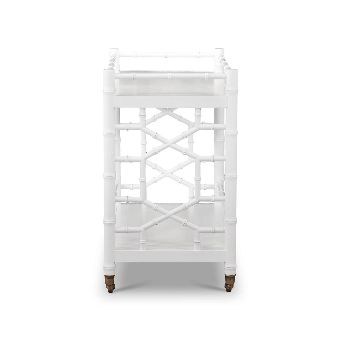 Side view of white mid-century bar cart design.
