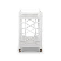 Side view of white mid-century bar cart design.