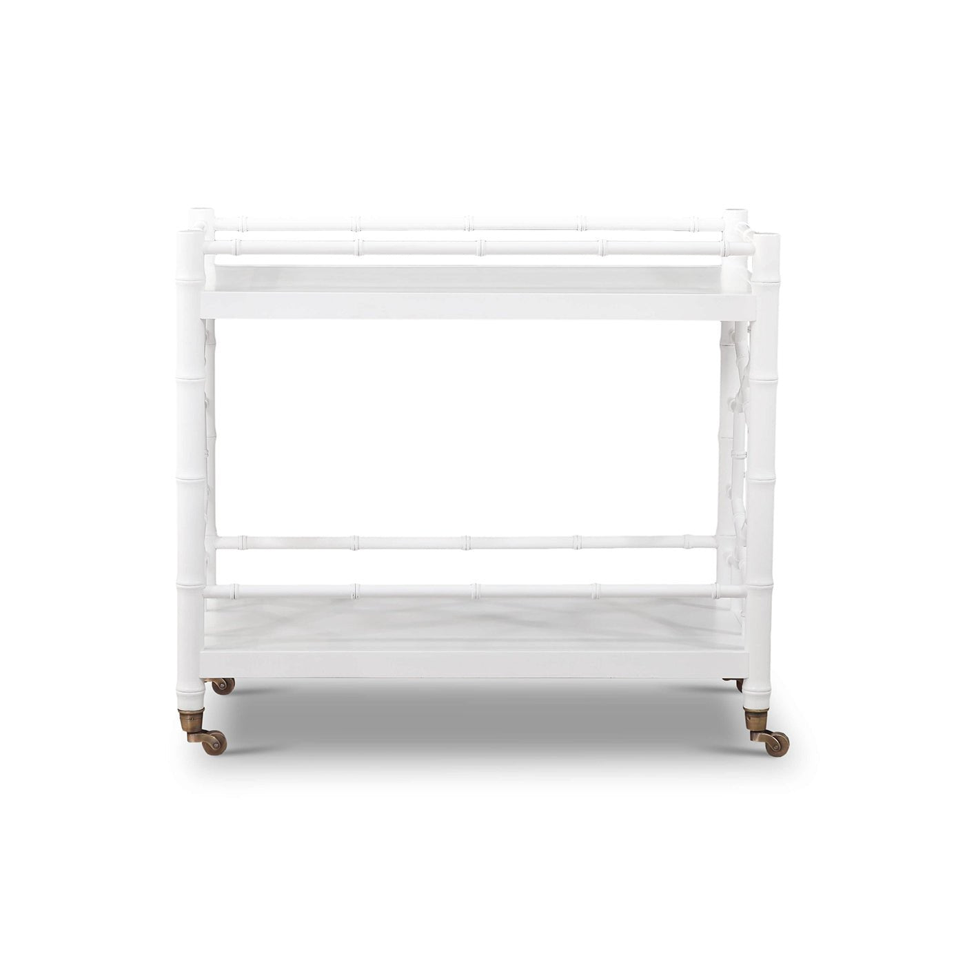White mid-century bar cart, front view close-up.