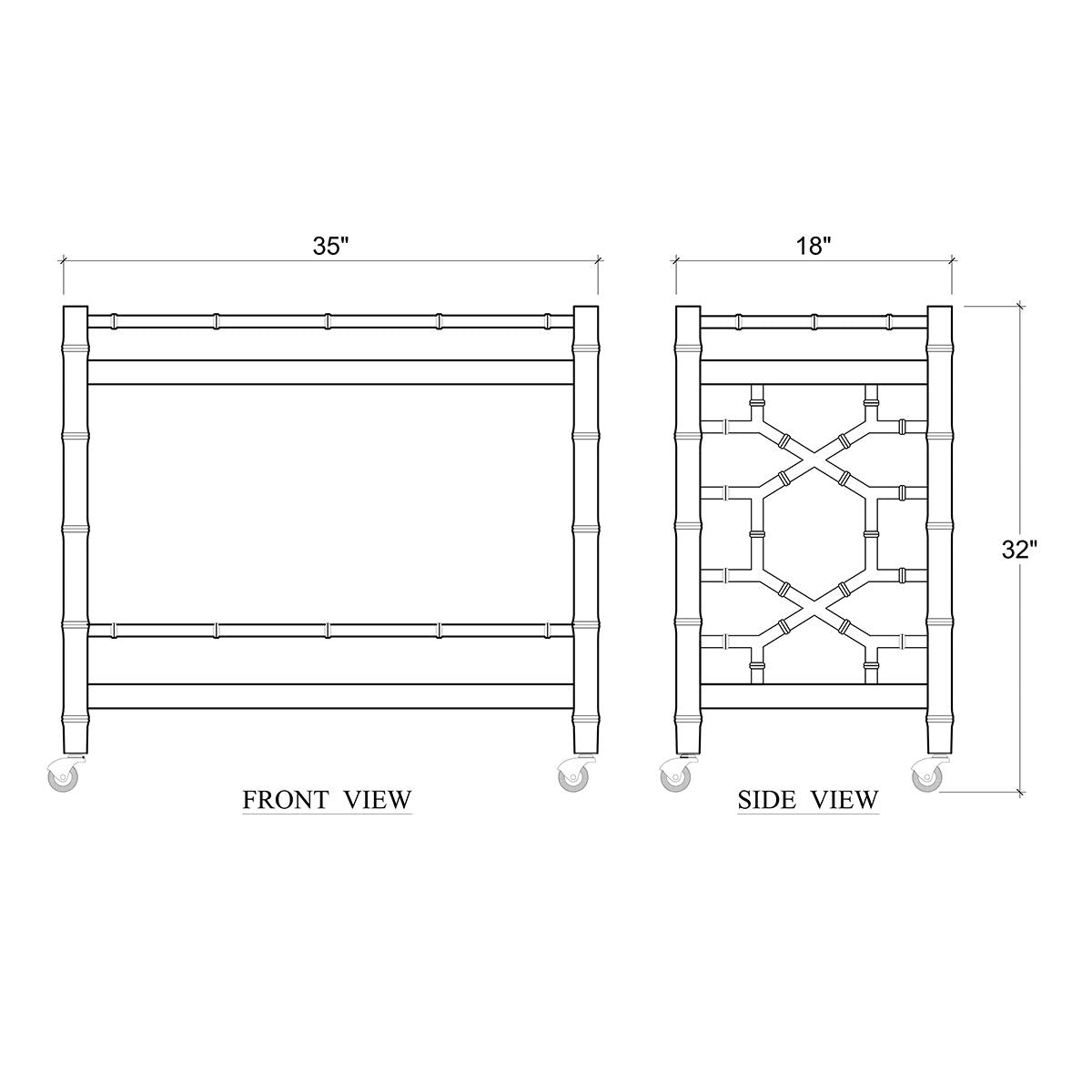 Diagram with dimensions of mid-century bar cart design.