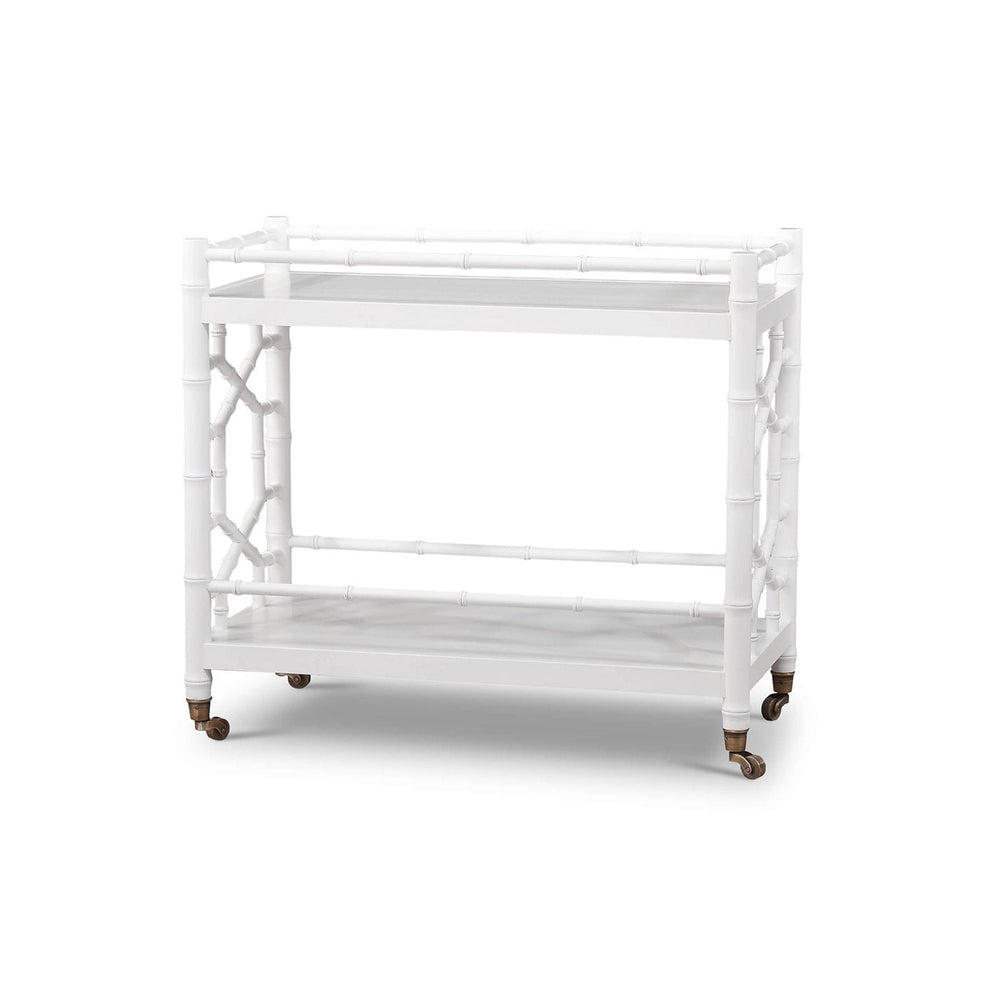 White mid-century bar cart, front view on wheels.