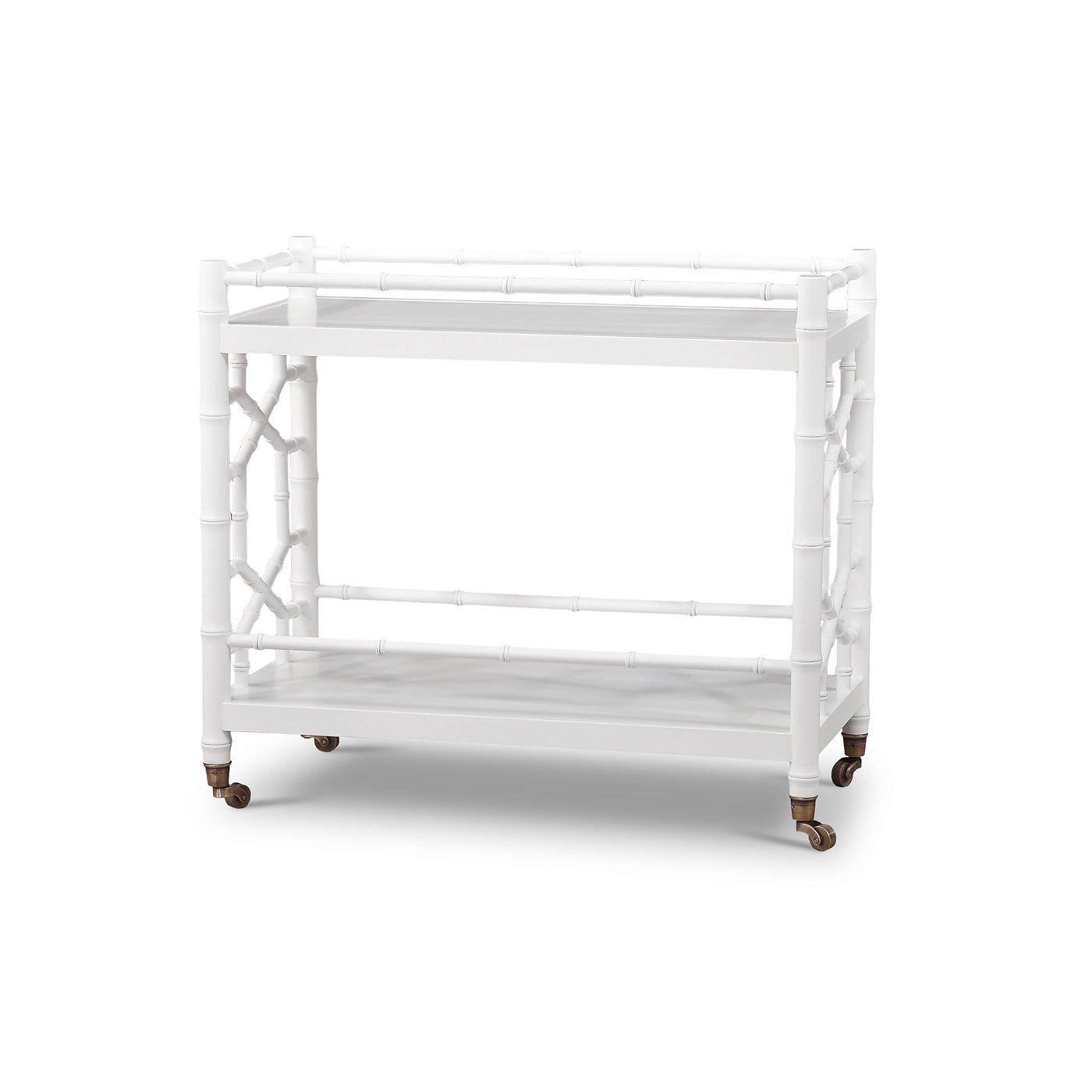 White mid-century bar cart, front view on wheels.