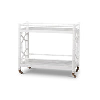 White mid-century bar cart, front view on wheels.