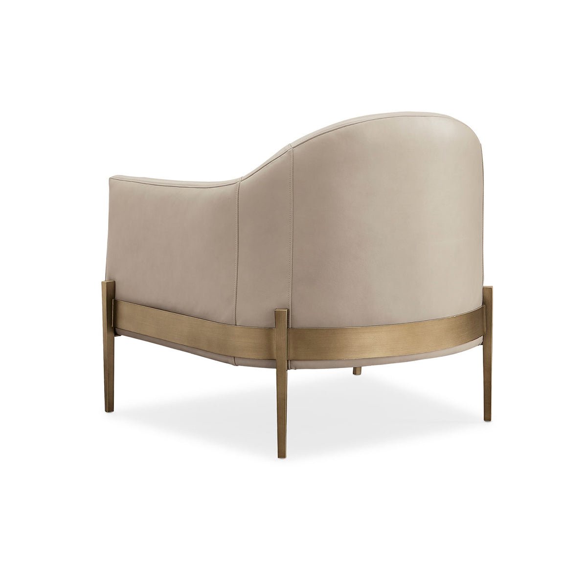 Back view of mid-century barrel back armchair with brass frame.