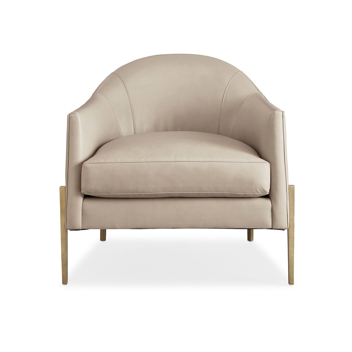 Front view of beige mid-century barrel back armchair.
