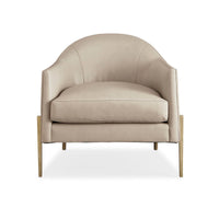 Front view of beige mid-century barrel back armchair.