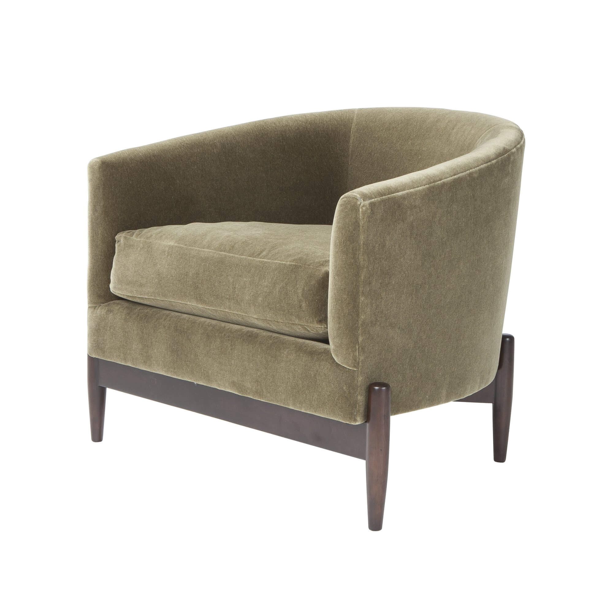 Mid-century barrel back chair, side view, cushioned seat.
