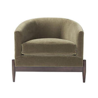 Front view of mid-century barrel back chair, green fabric.