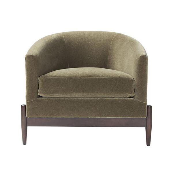 Front view of mid-century barrel back chair, green fabric.