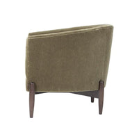 Back angled view, mid-century barrel back chair, wooden legs.