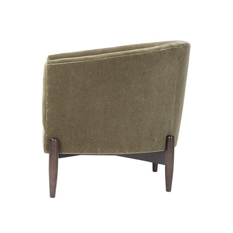 Back angled view, mid-century barrel back chair, wooden legs.