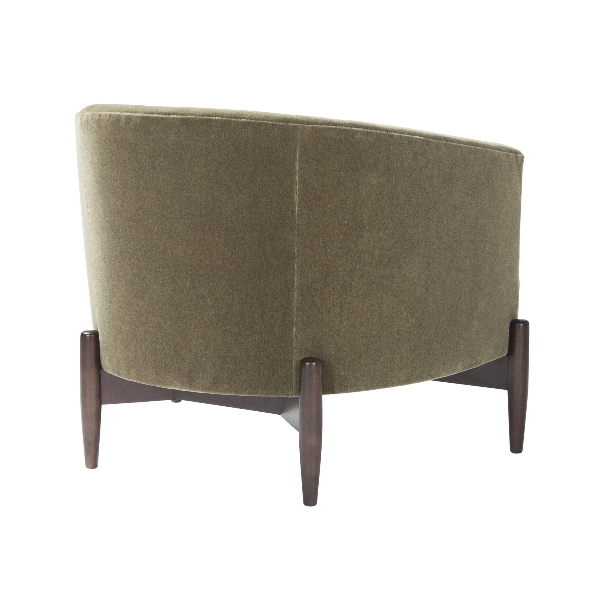 Rear perspective, mid-century barrel back chair, curved design.