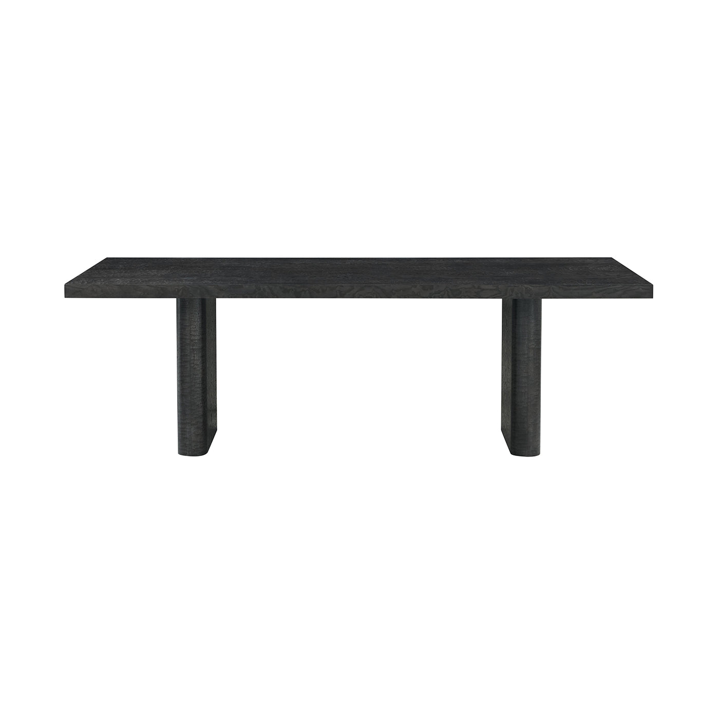 Straight-on view, mid-century black dining table, black finish.