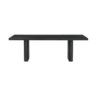 Straight-on view, mid-century black dining table, black finish.