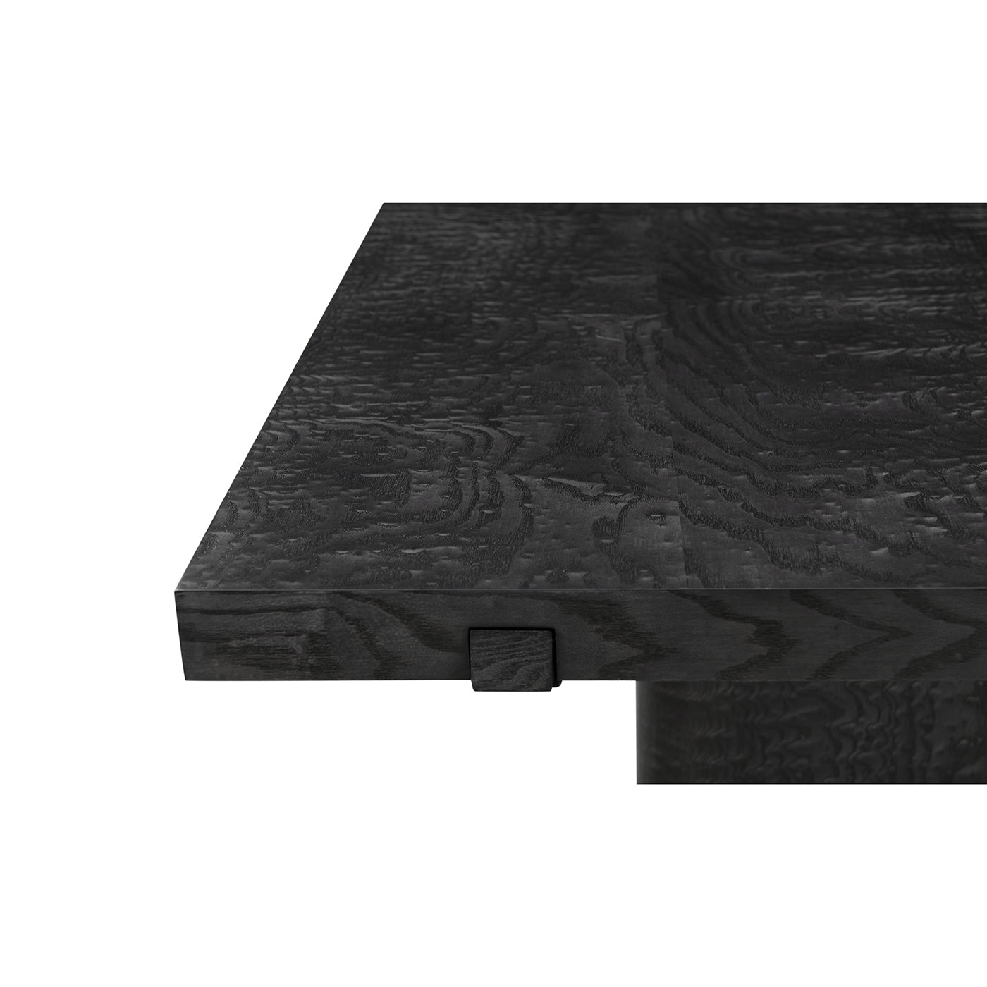 Close-up of corner details, black extending dining table.
