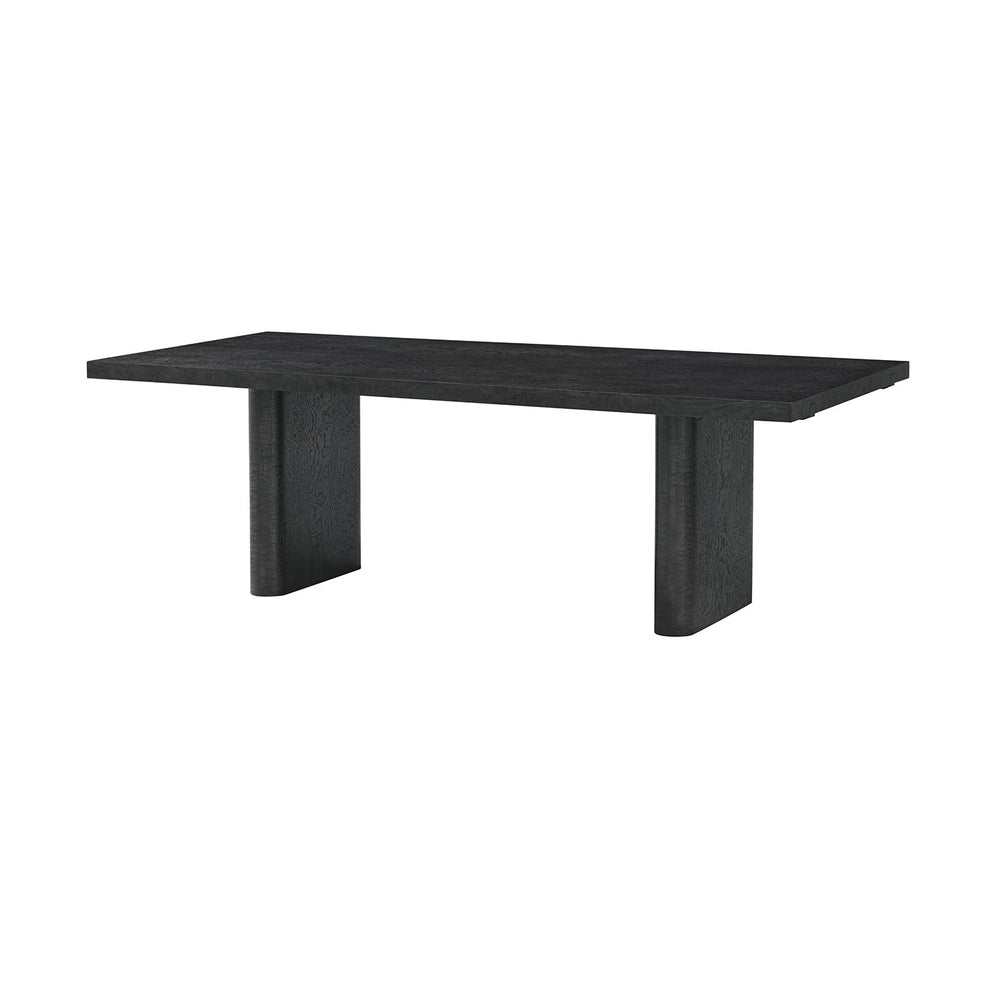 Mid-century black dining table front view, black finish.