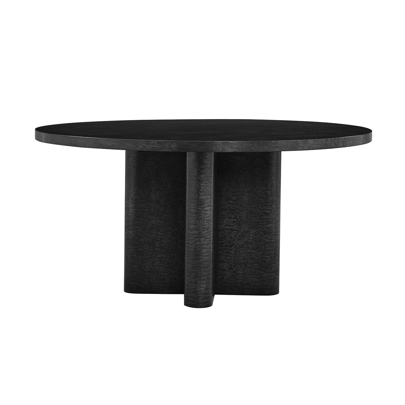 Black Burl round dining table side view.